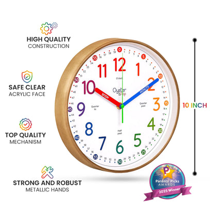 Oyster&Pop Kids Clock - Silent 10" Analog Clock, Learning Wall Clocks - Award-Winning Telling Time Teaching Clock for Kids - Bedrooms Homeschool & Classrooms - Includes eBook