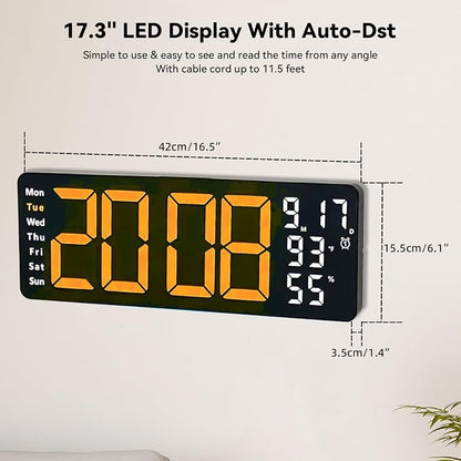 Digital Wall Clock Large Display, 17.3" Digital Clock with RGB Color Remote Control, Auto-Dimming Big Wall Clock with Night Light,Auto DST,Date Week,Temp for Home Decoration, for Elderly (Orange)