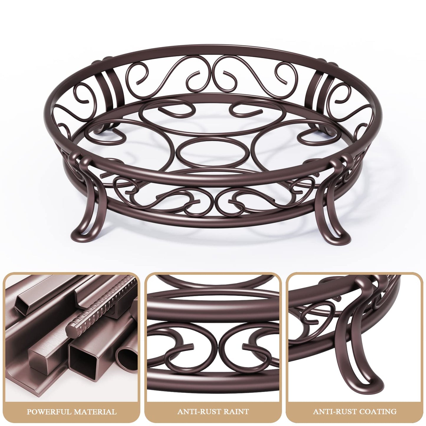 Yimobra Metal Plant Stand for Outdoor Indoor, Heavy Duty Flower Pots Holder Rustproof Wrought Iron Planter Stands Garden Round Supports Rack for Planter 11.8 Inches, Bronze Brown