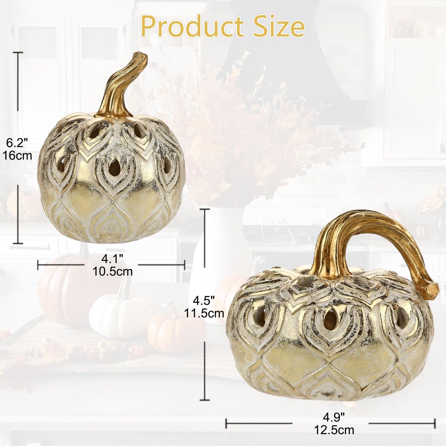 Hollyone Fall Pumpkin Decor 2 PCS Champagne Gold Resin Pumpkins Figurines Fake Pumpkins Faux Pumpkins Rustic Farmhouse Centerpiece for Thanksgiving Harvest Halloween Autumn Fall Decorations for Home