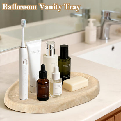 Moujings Natural Travertine Vanity Tray - Decorative Stone Marble Tray for Bathroom Countertop, Elegant Organizer for Home Decor, Jewelry, Candle, Makeup, Kitchen and Dresser Decor