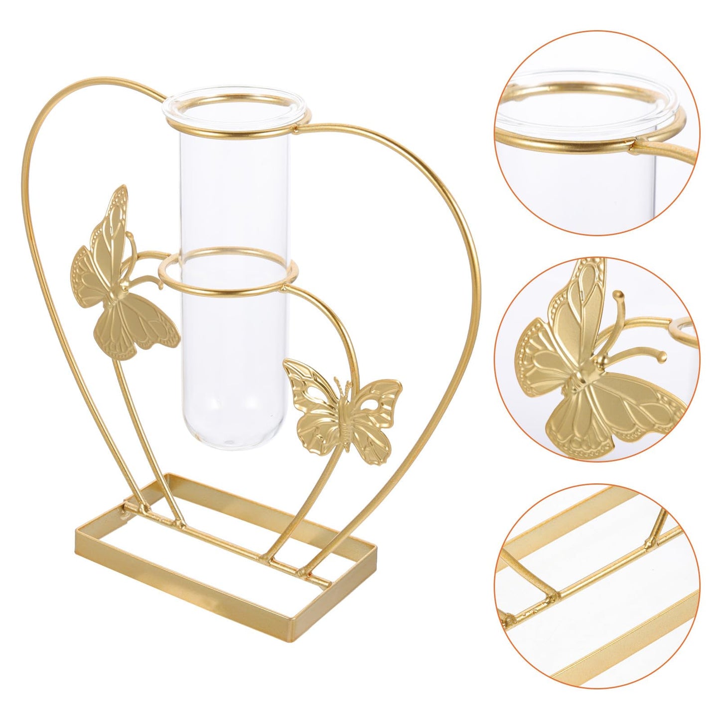 Uonlytech Metal and Glass Hydroponic Flower Vase with Butterfly Motif, Heart-Shaped Terrarium Ornament for Home Décor, Desktop Plant Holder for Living Room and Wedding Decorations