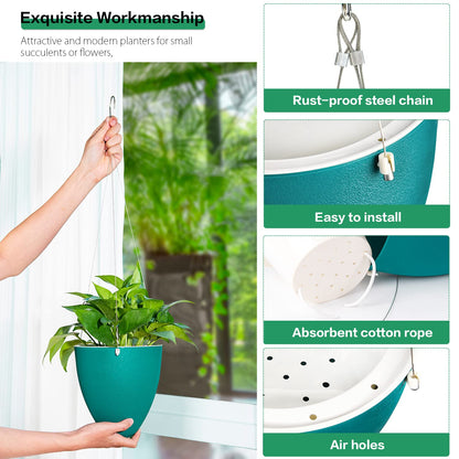 Sungmor Unique Eggshell Self Watering Hanging Planters, 3PC Modern Fashion Teal 7.2" Dia Large Waterself Hanging Pots for Plants, Indoor Outdoor Ceiling Hanging Baskets Flowerpot Wicking Planter Pots