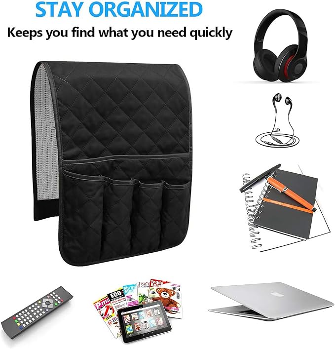 Armchair Caddy for Recliner, Couch Caddy Storage Organizer with 5 Pockets, Non Slip Sofa Arm Organizer for Remote Controls, Phone, Magazines, Tablet (Black)