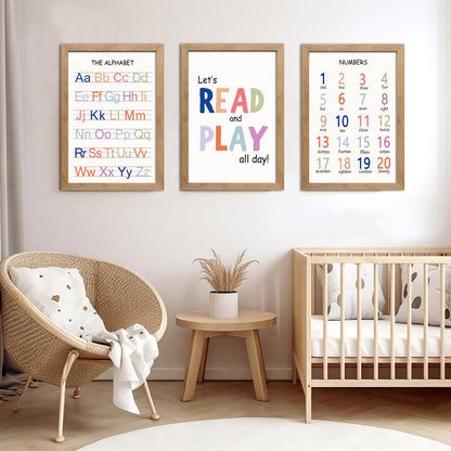 Cute Alphabet Numbers Framed Wall Art Set of 3, Boho Educational ABC Poster Wooden Sign for Baby Girl Kid Boy Toddlers, Neutral Preschool English Letters Nursery Decor for Homeschool Playroom Daycare