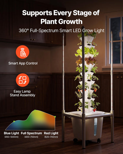 VEVOR Hydroponic Tower, 45 Pods 9 Tiers Hydroponics Growing System Kit with LED Grow Light, App Control & Casters, Vertical Home Garden with 20L Water Tank & Pump for Indoor Herbs, Fruits, Vegetables