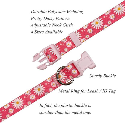 Dog Collar Leash Set, Floral Pattern, Polyester Material, Adjustable Collar and 5ft Matching Leash, for Large Dogs.(L, Daisy)