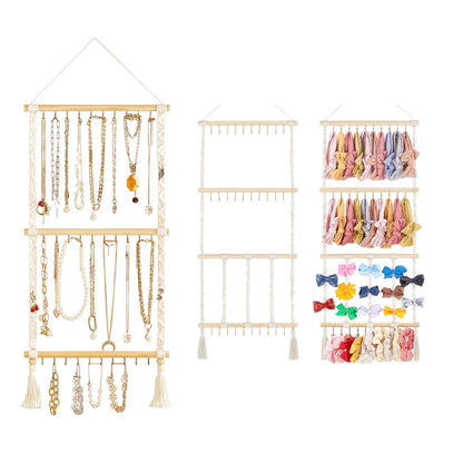 Dahey Hanging Jewelry Organizer Macrame Necklace Holder with 30 Hooks and Macrame Headband Holder with 30 Hooks Boho Nursery Decor for Baby'S Room