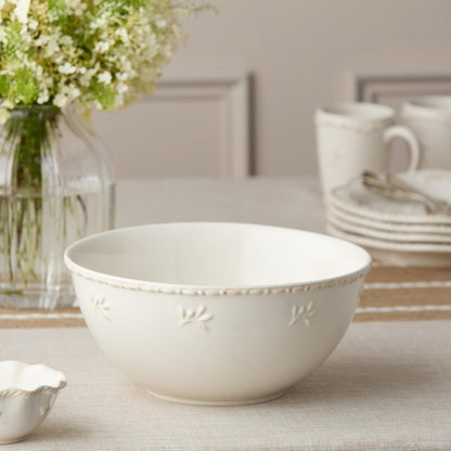 Heritage Large Mixing Bowl 10.75" – Classic Ivory Stoneware Bowl with Embossed Leaf Motif & Beaded Rim – Durable Farmhouse Kitchen Bowl for Baking, Serving & Entertaining