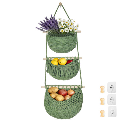 Halidali 3 Tier Hanging Fruit Baskets for Kitchen, Boho Cotton Rope Handwoven Vegetable Hammock Produce Storage Wall Mounted Large Organizing Basket for Farmhouse Decor, Onion, Potato (Green)