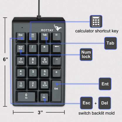 Rottay Number Pad, Mechanical USB Wired Numeric Keypad with Blue LED Backlit 22 Key Numpad for Laptop Desktop Computer PC Black (Blue switches)