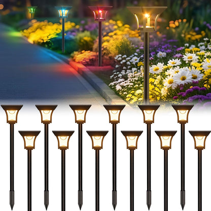CINOTON 12 Pack RGBCW Solar Pathway Outdoor Lights, 3 Lighting Modes Solar LED Garden Lights, IP65 Waterproof Outside Solar Powered Landscape Lighting for Planter Lawn Pool Balcony RGB/Warm/Cold White