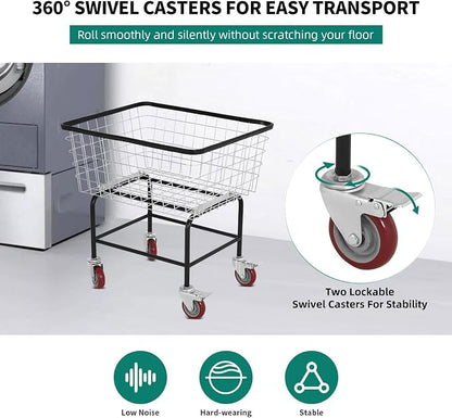Large Rolling Laundry Cart with Wheels Holds 2 Washer Loads, Wire Laundry Basket, Heavy-Duty Steel Storage Basket with Galvanized Finish, for Commercial or Home Laundry