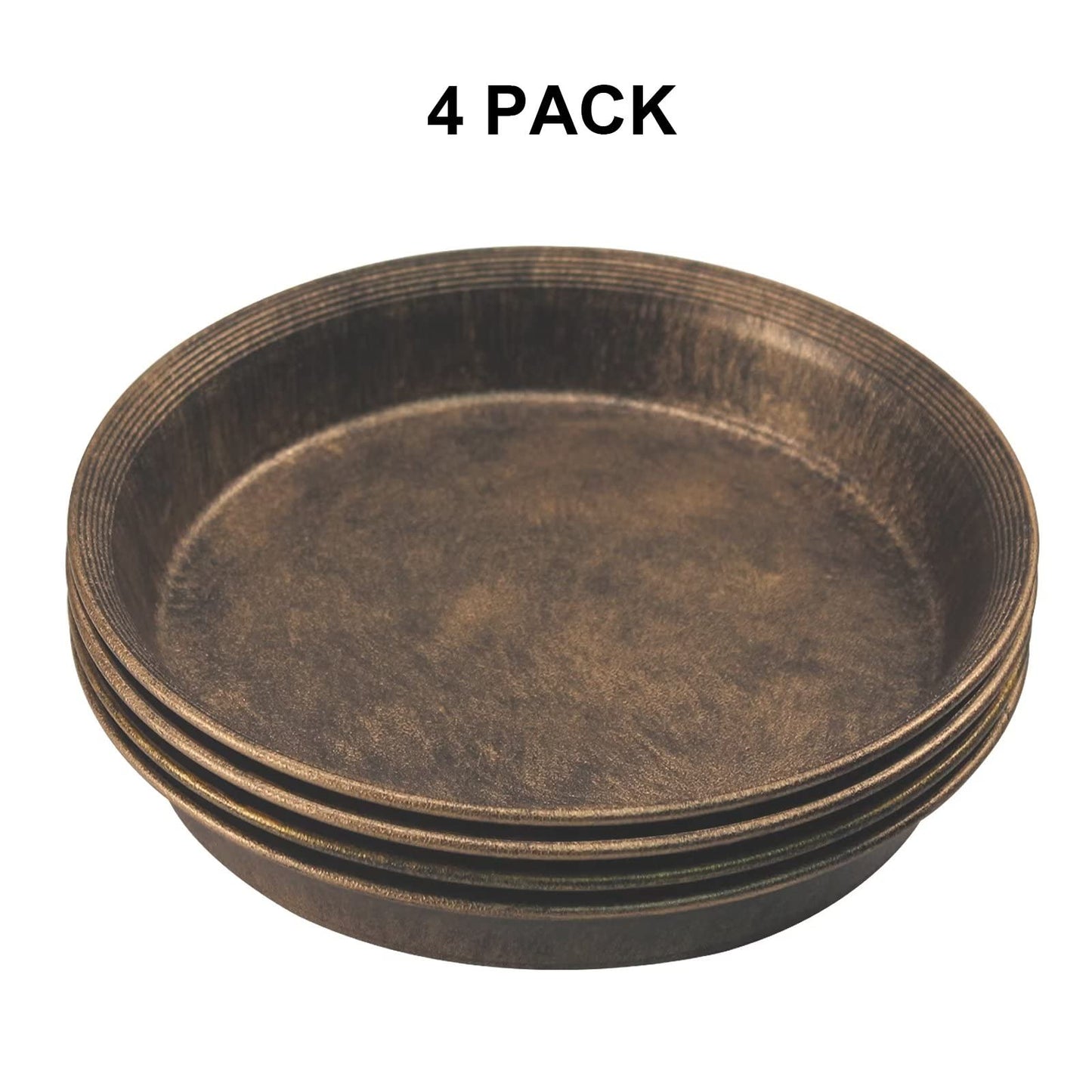 ARTLINE Decorative Rustic Plastic Plant Saucer Medieval Antique Matte Metal Look, 4 Pack 7" Small Flower Pot Drip Water Trays Indoor Outdoor, Planter Drainage Plates to Catch Water, Bronze