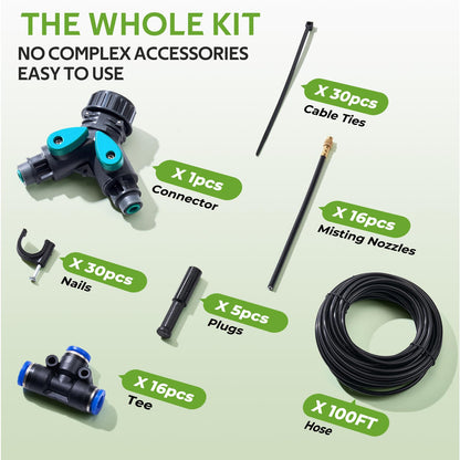 HIRALIY 360° Adjustable Drip Irrigation System 100FT, 1/4" Tubing with Adjustable Copper Nozzles, Automatic Atomizing Watering Kit for Garden, Yard, Lawn, Greenhouse & Potted Plants
