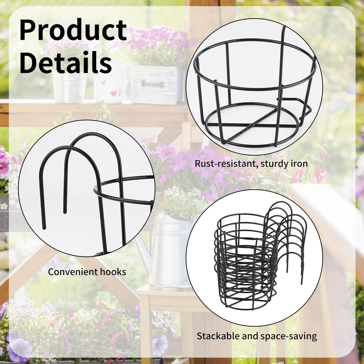 PineHaven 6 Pcs 6.1 Inch Iron Round Hanging Railing Planters,Hanging Flower Pot Holders,Metal Potted Stand Mounted Balcony Round Baskets Shelf Plant Holder with Hooks for Indoor Outdoor Plant(Black)