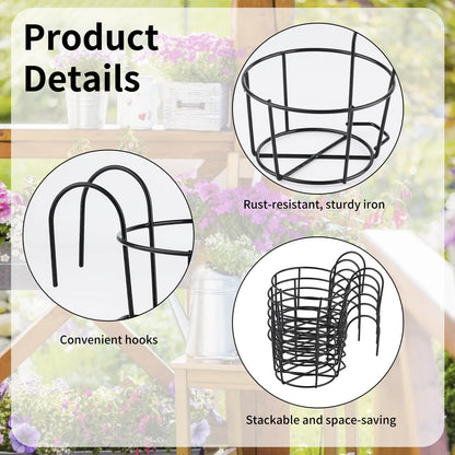 PineHaven 6 Pcs 6.1 Inch Iron Round Hanging Railing Planters,Hanging Flower Pot Holders,Metal Potted Stand Mounted Balcony Round Baskets Shelf Plant Holder with Hooks for Indoor Outdoor Plant(Black)