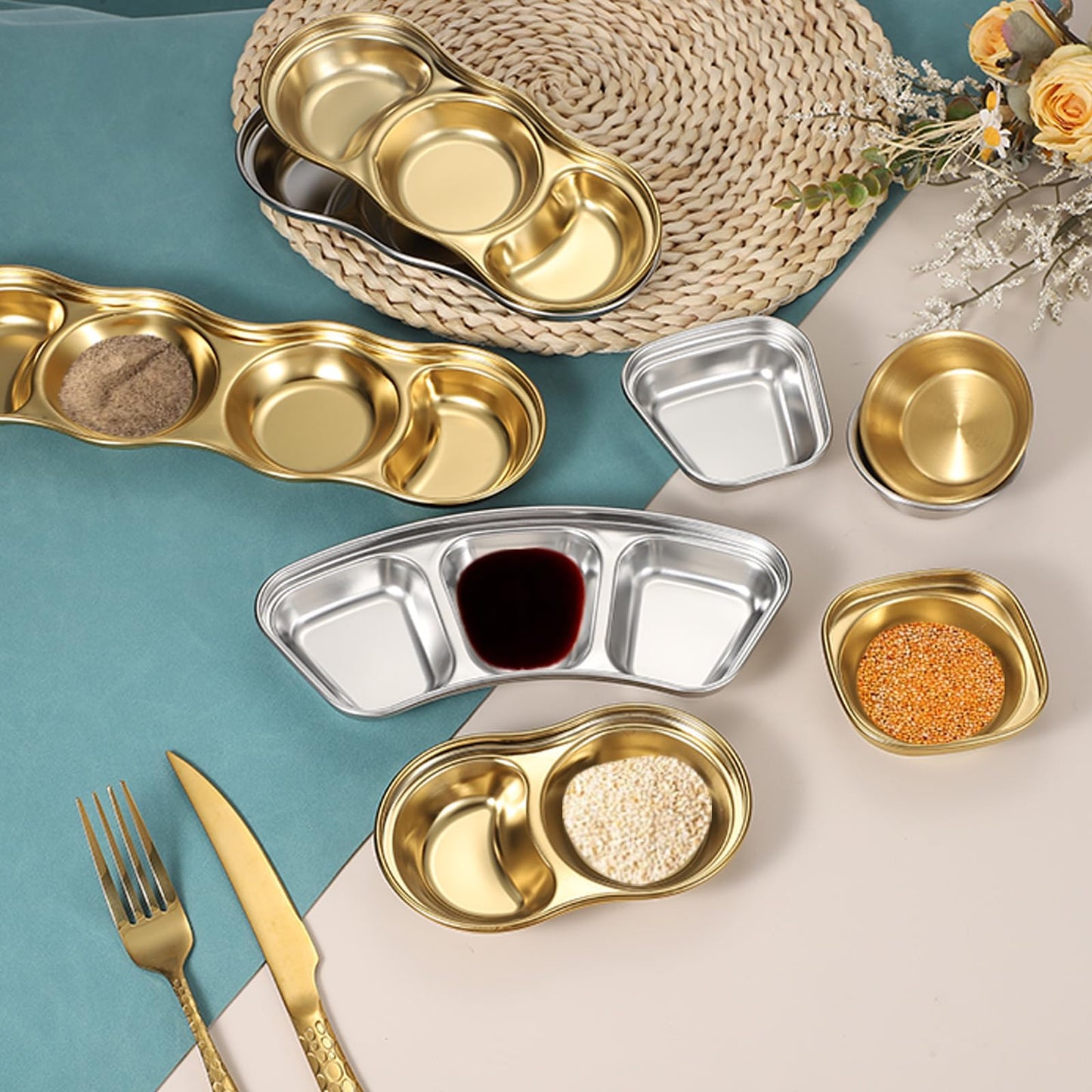 uxcell 3 Inch Mini Stainless Steel Sauce Dish, 2 Pcs Round Seasoning Bowls Appetizer Plates Condiment Bowl for Salad Side Dishes Sushi Dipping Ketchup, Gold 3-Compartment
