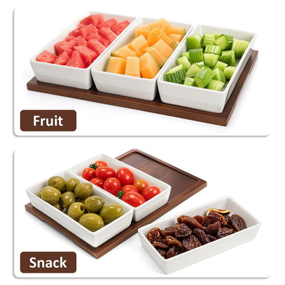 Elsjoy 3-Section Serving Tray, Wood Divided Serving Dish with Ceramic Bowls, 3-Compartment Food Platter Dipping Tray for Appetizer, Fruits, Bread