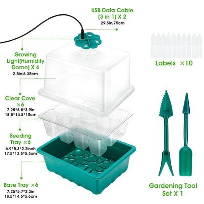 Ourhom Seed Starter Tray with Grow Light, 6pcs Seed Starter Kits with Light and Adjustable Humidity Domes, Covers Height 3.9", Indoor Seedling Starter Plant Germination Trays (Green-Warm White)