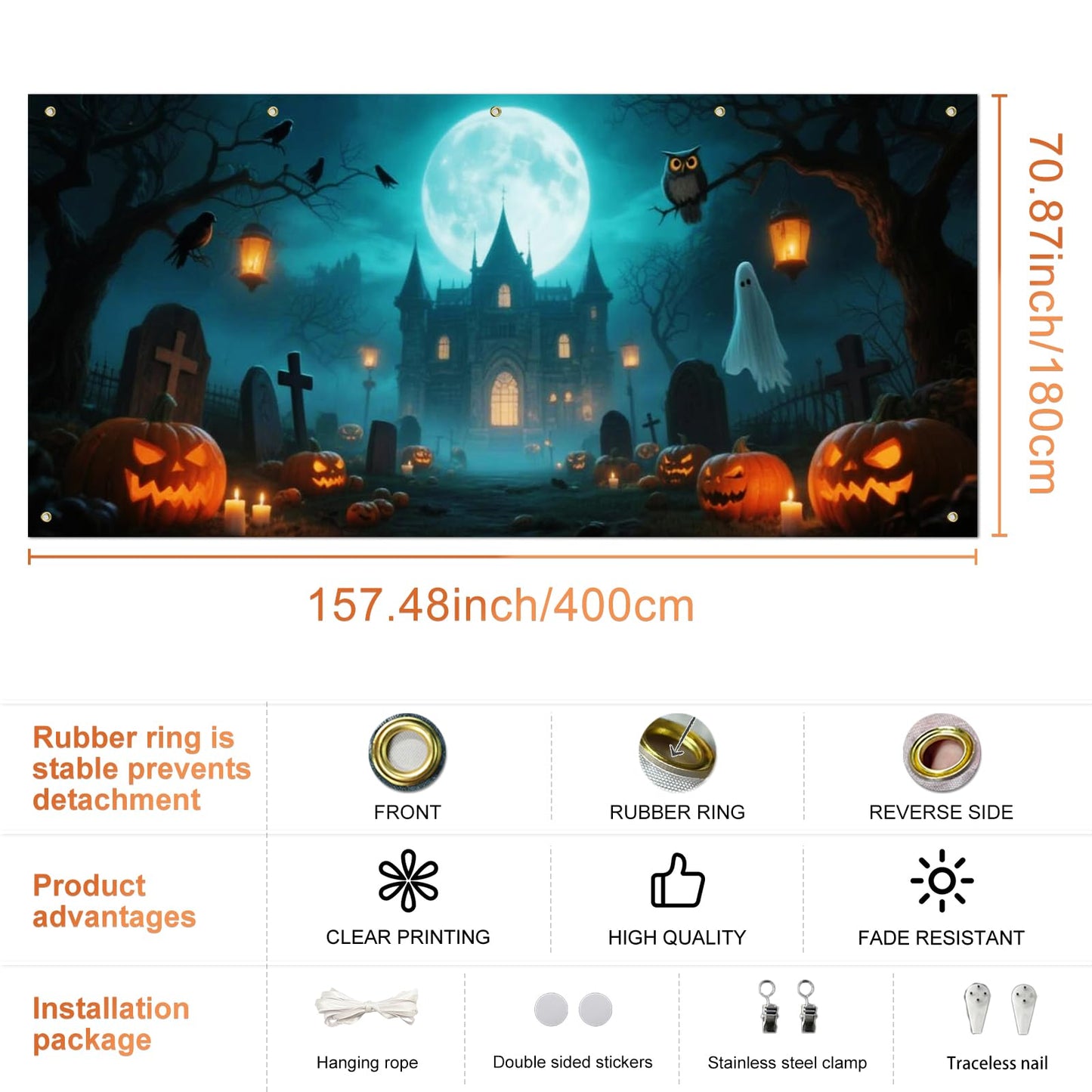 IVN Halloween Garage Door Cover 13x6ft Haunted Castle with Ghosts and Jack-o’-Lanterns Scene Garage Decoration with Green Moonlit Forest Halloween Decorations Outdoor