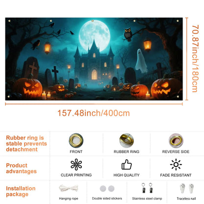 IVN Halloween Garage Door Cover 13x6ft Haunted Castle with Ghosts and Jack-o’-Lanterns Scene Garage Decoration with Green Moonlit Forest Halloween Decorations Outdoor