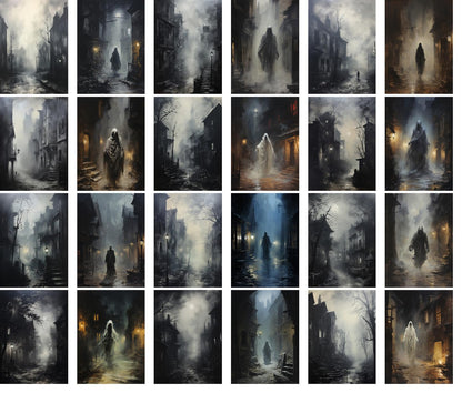 Large Stickers Pack 24 pcs ~ Ghostly Silhouettes: Mysterious Figures Roaming Fog-Enshrouded Streets - A Haunting Stickers Collection of Gothic Vistas