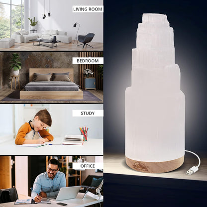 Himalayan Glow Selenite Crystal Lamp 20cm, Moroccan (ETL Certified) Tower Lamp with Wooden Base & USB Charging Cable, Anxiety Relief Healing Crystals for Home Decor