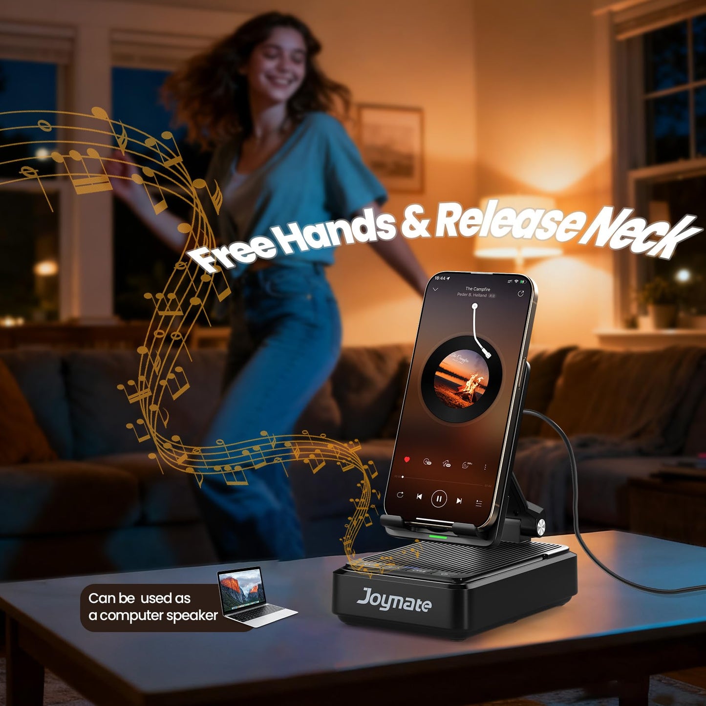 Joymate Gifts for Men and Women, Wireless Phone Charger Stand with Bluetooth Speaker and Adjustable Angle Phone Holder for Desk Tech Gift for Birthday/Valentines Day/Christmas(Black)