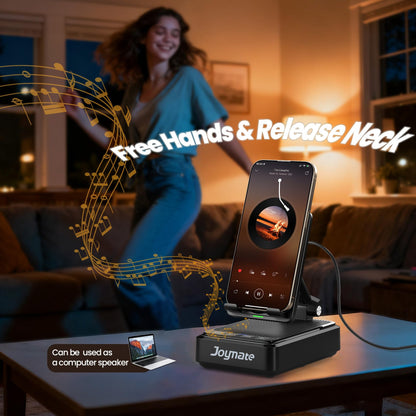 Joymate Gifts for Men and Women, Wireless Phone Charger Stand with Bluetooth Speaker and Adjustable Angle Phone Holder for Desk Tech Gift for Birthday/Valentines Day/Christmas(Black)