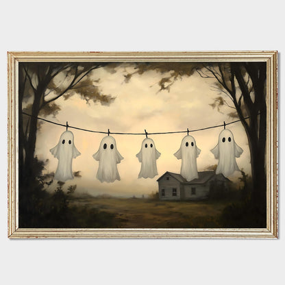 Farmhouse Ghost Wall Art Laundry Room Prints Halloween Landscape Poster Cute Ghost Pictures Gothic Forest Print Victorian Moody Paintings Spooky Wall Art Academia Dark Gothic Artwork 16x24in Frameless
