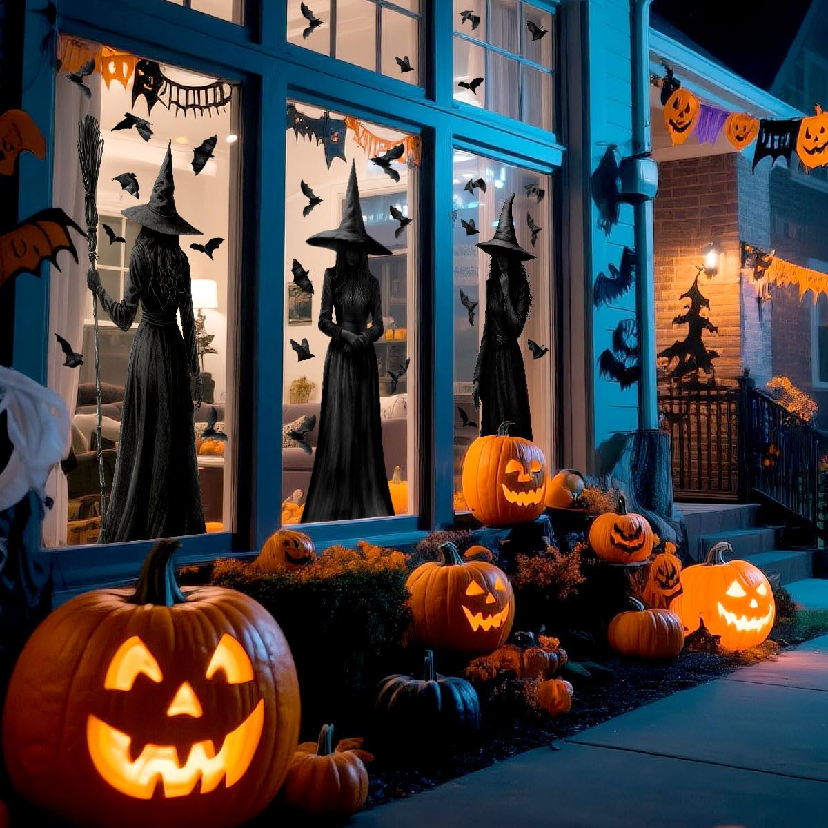 Halloween Window Clings, 3 Large Reusable Scary Witch Silhouette Window Clings & Bat Decals, Witches Silhouette Static Clings for Glass, Indoor Halloween Decorations for Home, School & Office