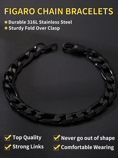 ChainsHouse Black Steel Bracelet Men and Womens 9mm 8.3/'' Punk Hip Hop Jewelry Stainless Steel Figaro Bracelets'' }
