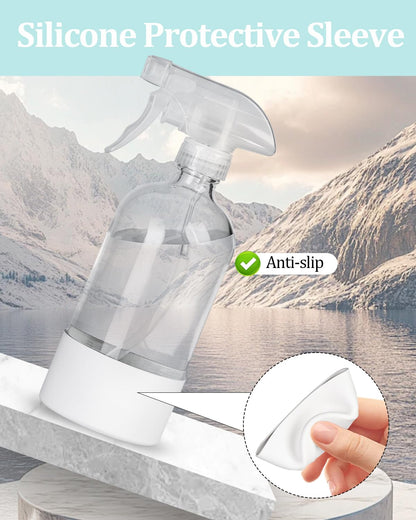 2 Pack 360° Glass Spray Bottles with Silicone Sleeve, 16 oz Empty Refillable Containers with Adjustable Spray Nozzles, Spray Bottles for Hair, Cleaning Solutions and Plants White