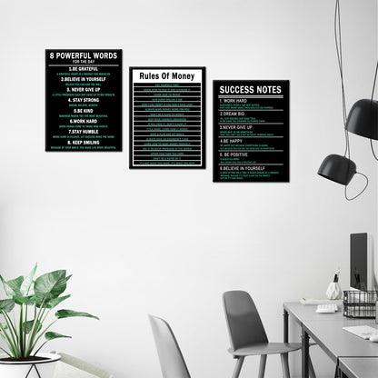 PSYYSP 3 Piece Canvas Wall Art Life Upgrade Money Rules Success Notes Posters, Black Teal Motivational Triptych Wall Decor for Office, Bedroom, Dorm, Framed Canvas 36x16inch