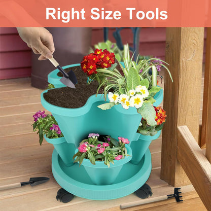 DUNCHATY Stackable Planter, Vertical Garden Planter with Wheels and Tools, Self Watering Strawberry Planter Indoor/Outdoor 5 Tier Herb Planter Pots for Growing Vegetables and Succulents, Teal