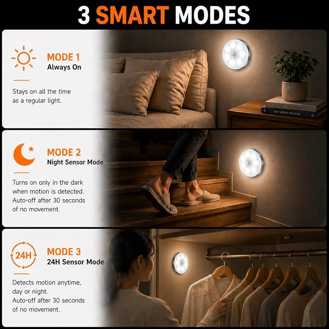 Motion Sensor Night Light Rechargeable, Magnetic Puck Lights, 3 Modes & Dimmable, Motion Sensor Stair Lights Indoor for Bedroom Bathroom Kitchen Hallway Cruise (White Light)