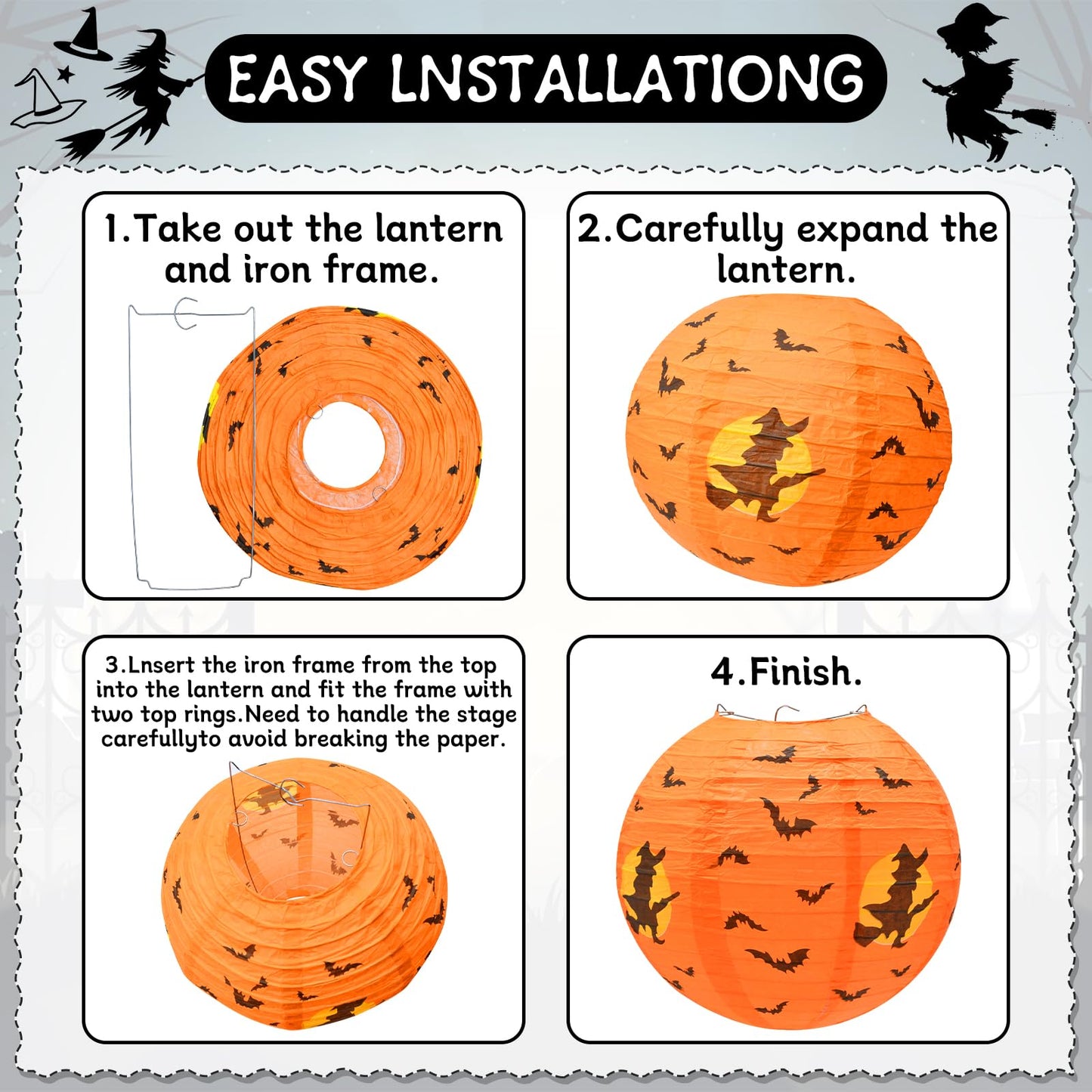10-Pack Halloween Paper Lanterns Set – 10" Hanging Pumpkin Skeleton Bat Spider Witch Lanterns for Indoor Outdoor Halloween Party, Porch, Classroom Decorations
