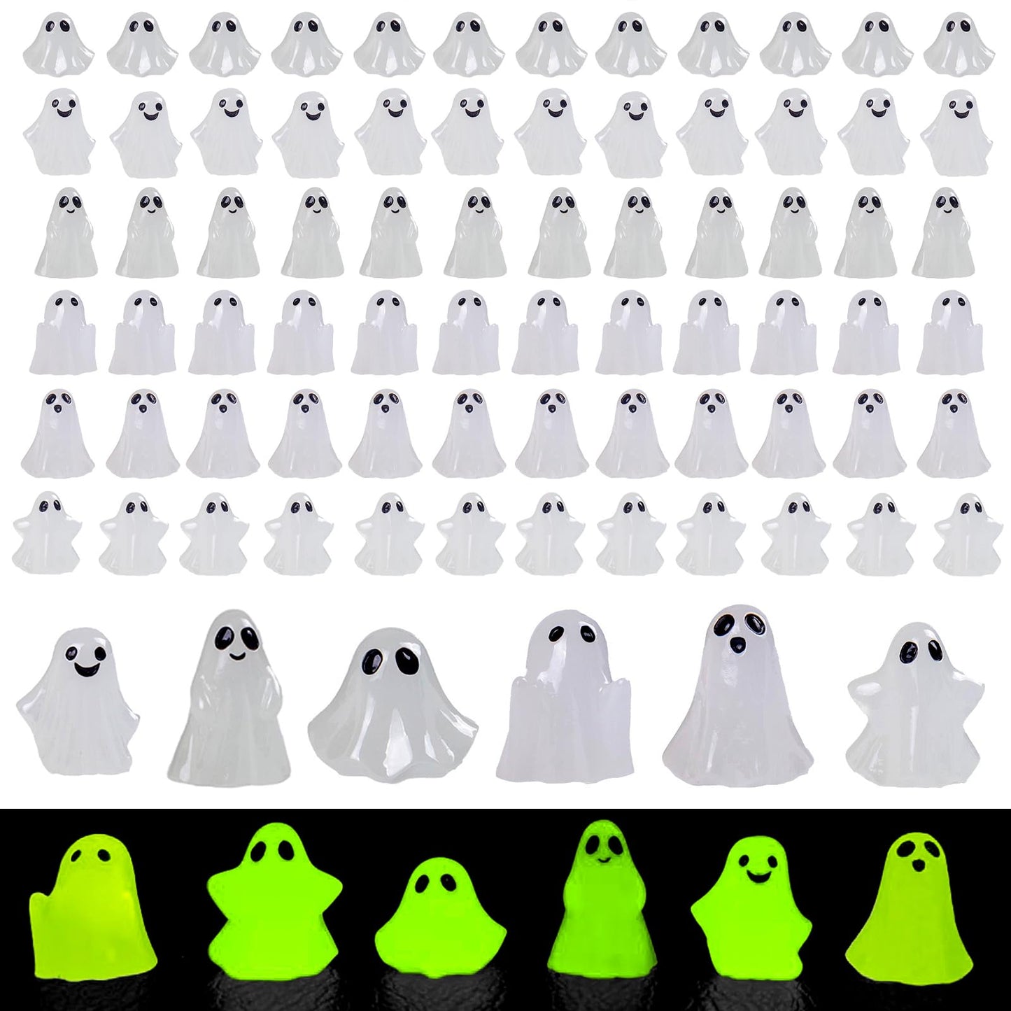 Cutecutedy 60Pcs Mini Resin Ghost Figurines,Tiny Little Ghosts for Halloween Decor,Cute Spooky Vase Filler,Tiered Tray & Table Centerpiece,Miniature Party Favors,Home Decor（Luminous）