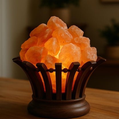 Himalayan Salt Lamp Basket – Salt Lamp with Wooden Bowl – Authentic Himalayan Crystal Night Light – Natural Pink Rock for Bedroom, Living Room, Office and Decor Gift