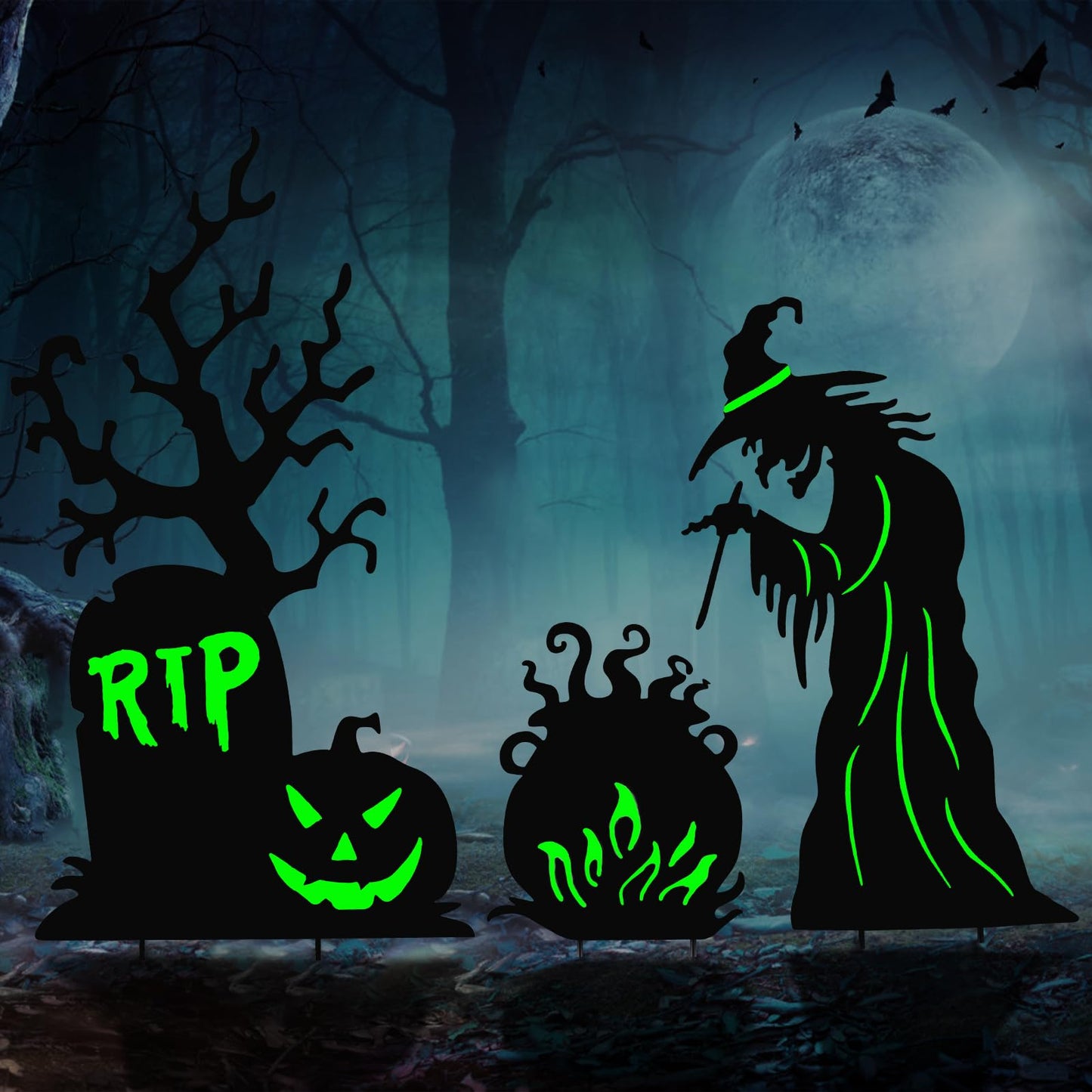 3 Pack Halloween Yard Signs Outdoor Decorations - Glow in the Dark Scary Witch Tombstone Cauldron Metal Stakes, Waterproof Fluorescent Lawn Garden Halloween Decor for Graveyard Party (Large Witch Tombstone Cauldron, 3 Pack)