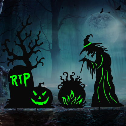 3 Pack Halloween Yard Signs Outdoor Decorations - Glow in the Dark Scary Witch Tombstone Cauldron Metal Stakes, Waterproof Fluorescent Lawn Garden Halloween Decor for Graveyard Party (Large Witch Tombstone Cauldron, 3 Pack)