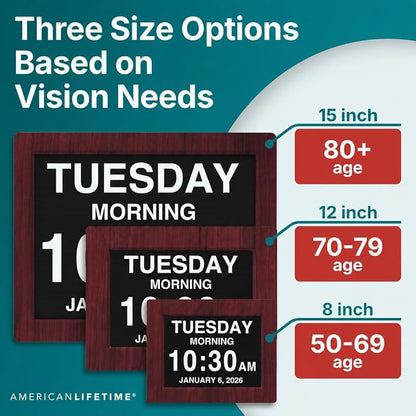 American Lifetime New 2026 Dementia Clock Large Digital Clock for Seniors, Alzeimer Clock Large Display with Custom Alarms, Clock with Day & Date for Elderly, Digital Calendar Mahogany, 15 Inch