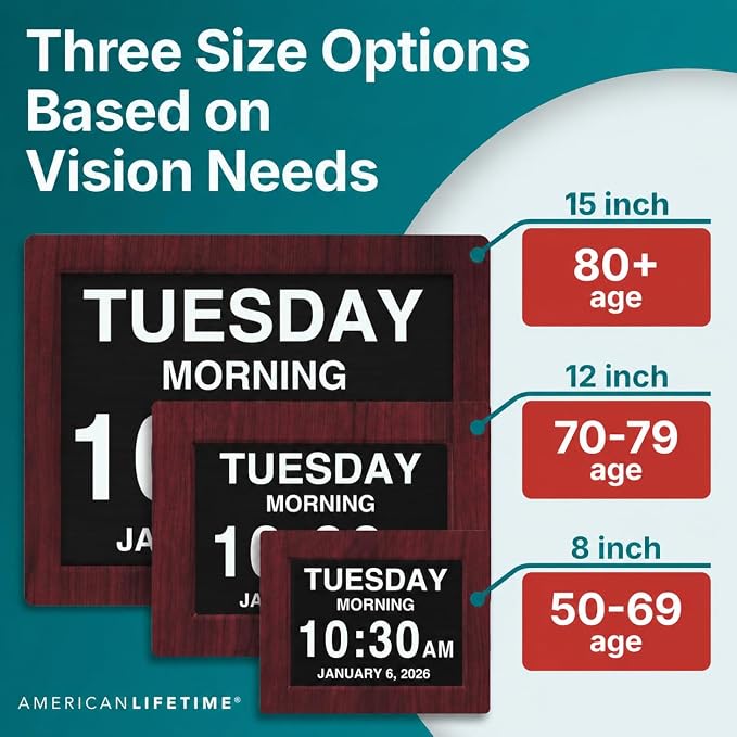 American Lifetime New 2026 Dementia Clock Large Digital Clock for Seniors, Alzeimer Clock Large Display with Custom Alarms, Clock with Day & Date for Elderly, Digital Calendar Premium Mahogany 12"