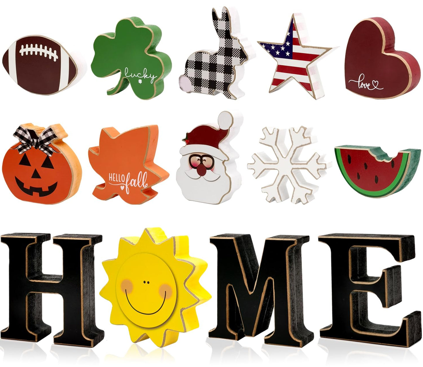 Interchangeable Home Table Signs with 11Pcs Seasonal Icons, Wooden "HOME" Letter Signs Interchangeable Holiday Decorative Table Shelf Centerpiece for Holiday Room Decoration
