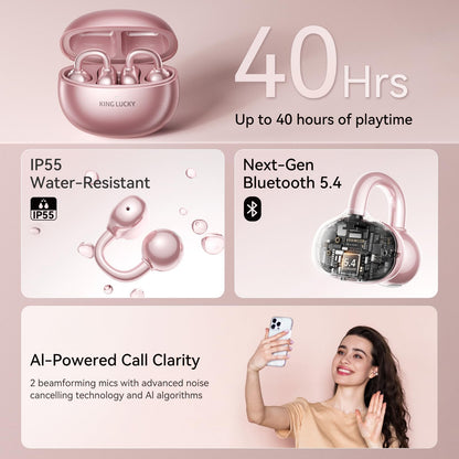 Kinglucky ClipFree Open-Ear Headphones with Diamond Earrings, Ultra-Comfort & Snug Fit Clip On Earbuds, 40H Playtime Bluetooth 5.4 Wireless Headphones for Women Sports,Glasses Gifts (Rose Gold)