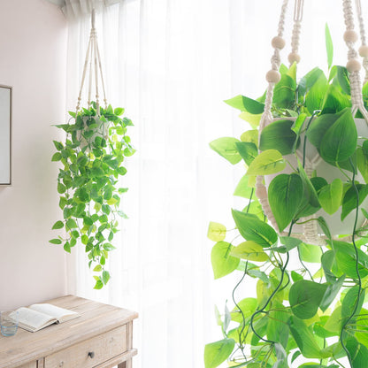 Mkono sSet of 4, 2 Packs Artificial Ivy Macrame Hanging Shelves with Lights, and 2 Packs Fake Hanging Plant with Pot