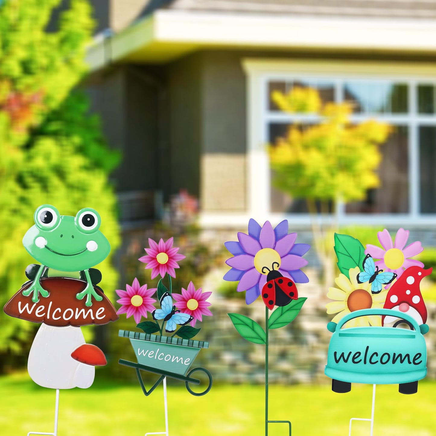 Welcome Decorative Garden Stakes, 4Pcs Flower Metal Yard Signs with Frog, Mushroom, Gnome, Butterfly and Ladybug, Garden Stakes for Spring Decor,Outdoor Lawn Yard Art Gift for Mom