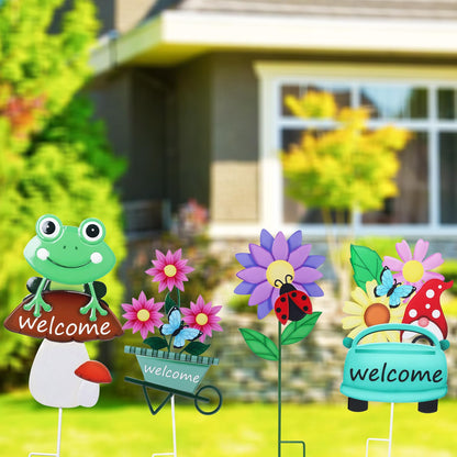 Welcome Decorative Garden Stakes, 4Pcs Flower Metal Yard Signs with Frog, Mushroom, Gnome, Butterfly and Ladybug, Garden Stakes for Spring Decor,Outdoor Lawn Yard Art Gift for Mom