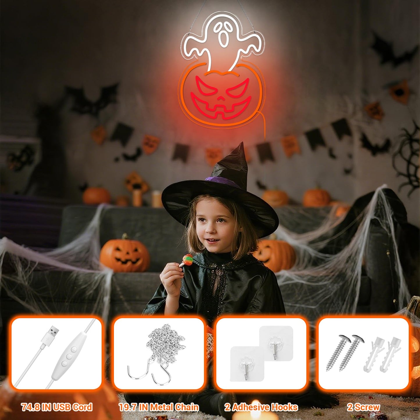 Halloween Pumpkin Neon Sign Decor Indoor, Ghost Halloween Window Lights Decorations LED Neon Sings for Wall Decor (Ghost Pumpkin)
